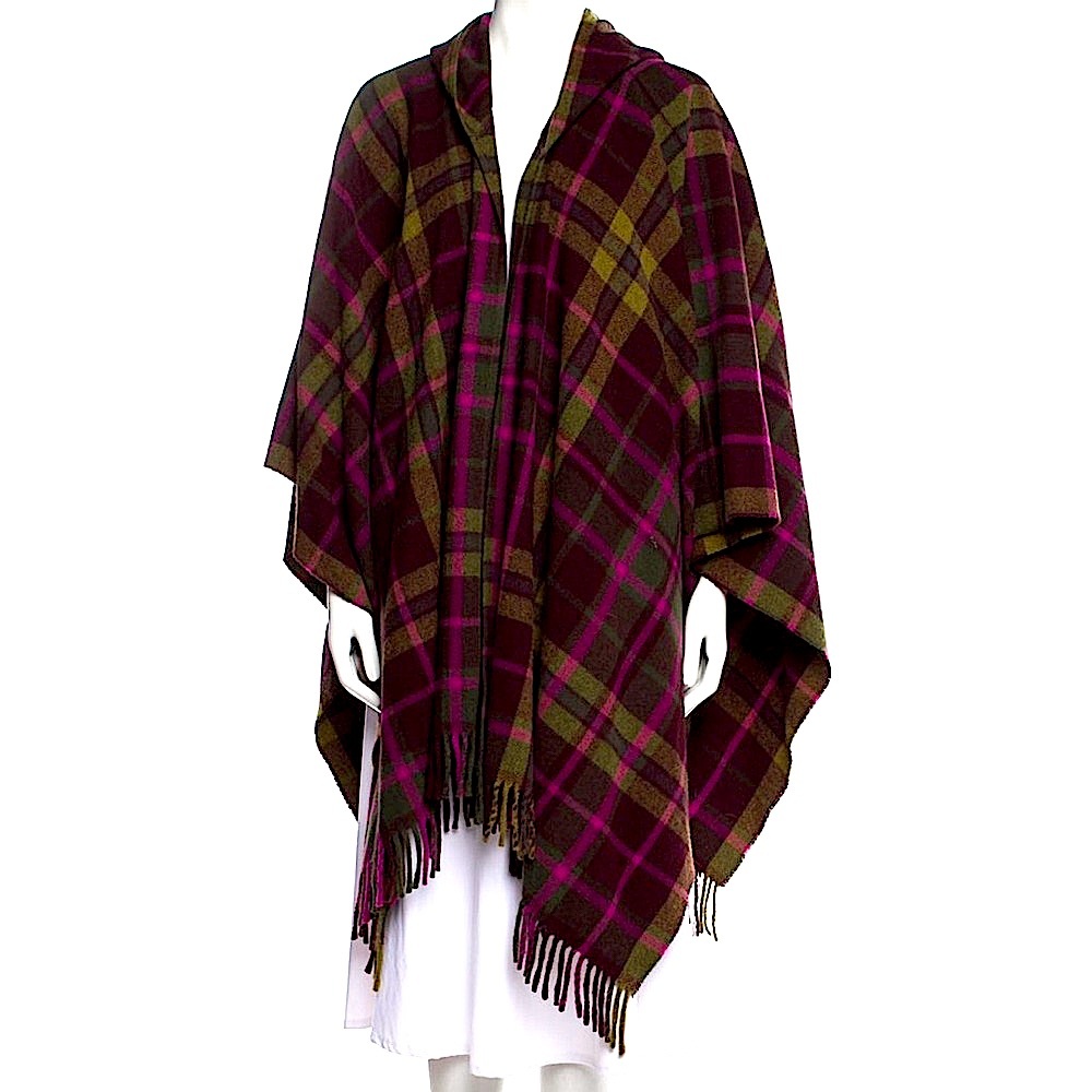 MAX MARA Outlander Tartan Plaid Hooded Ruana Cape Olive Green Fringe M Like New! - Picture 3 of 14